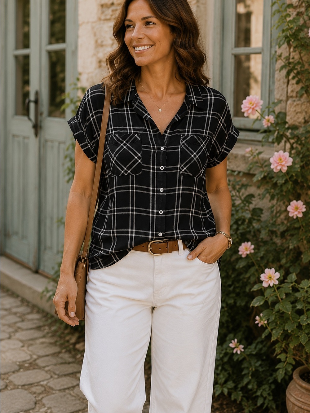 JACHS Girlfriend Soft Black Plaid Button-Up Blouse Size M Rayon
